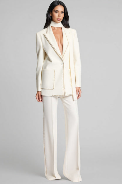 Eos Rhinestone Pocket Blazer High Waisted Pants Set