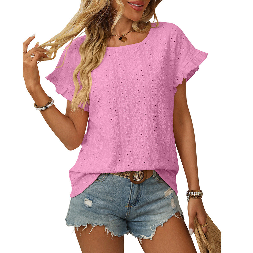 Women Clothing Spring Summer Solid Color round Neck Sweet Girl Short Sleeve T shirt Hollow Out Cutout Top