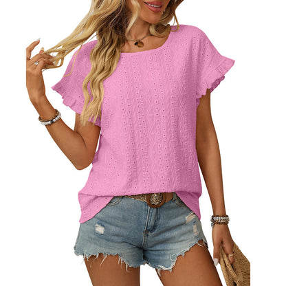 Women Clothing Spring Summer Solid Color round Neck Sweet Girl Short Sleeve T shirt Hollow Out Cutout Top