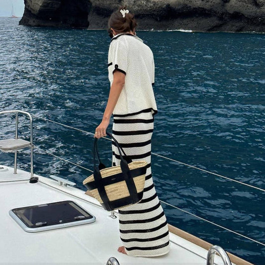 Striped Collared Pocket Short Sleeve Top Suit Beach Bohemian Contrast Color Long Skirt Women