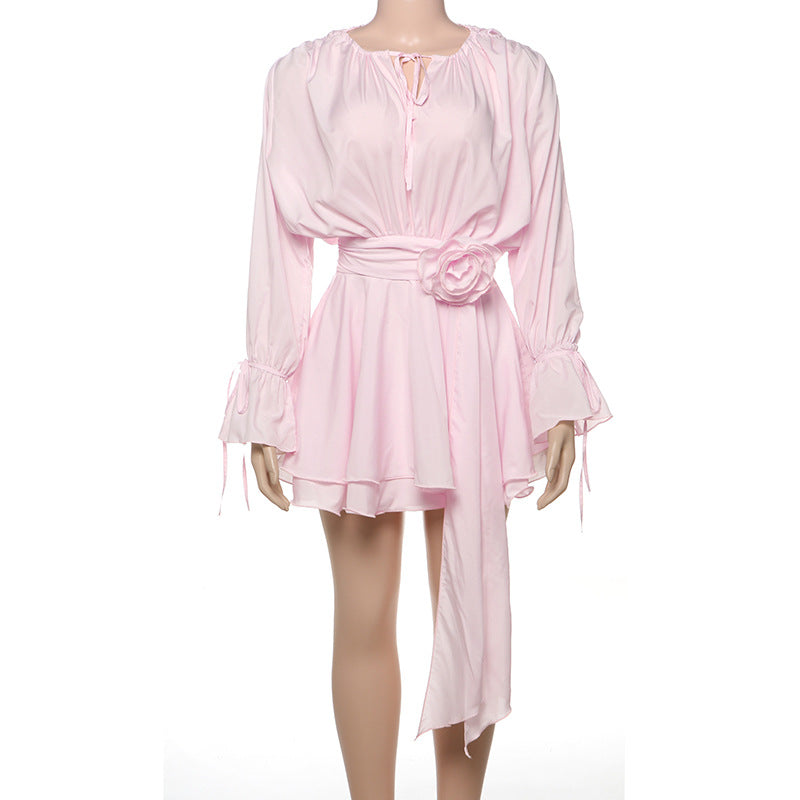 Solid Color Long Sleeve V-Neck Lace-Up Elegant Flower Decorated Mini Dress