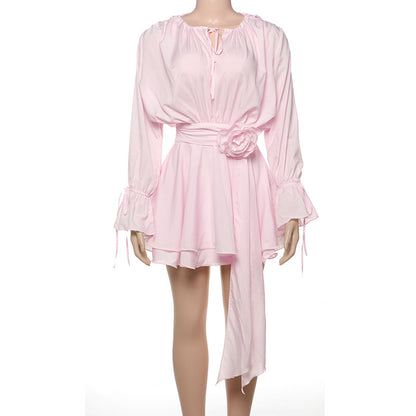 Solid Color Long Sleeve V-Neck Lace-Up Elegant Flower Decorated Mini Dress