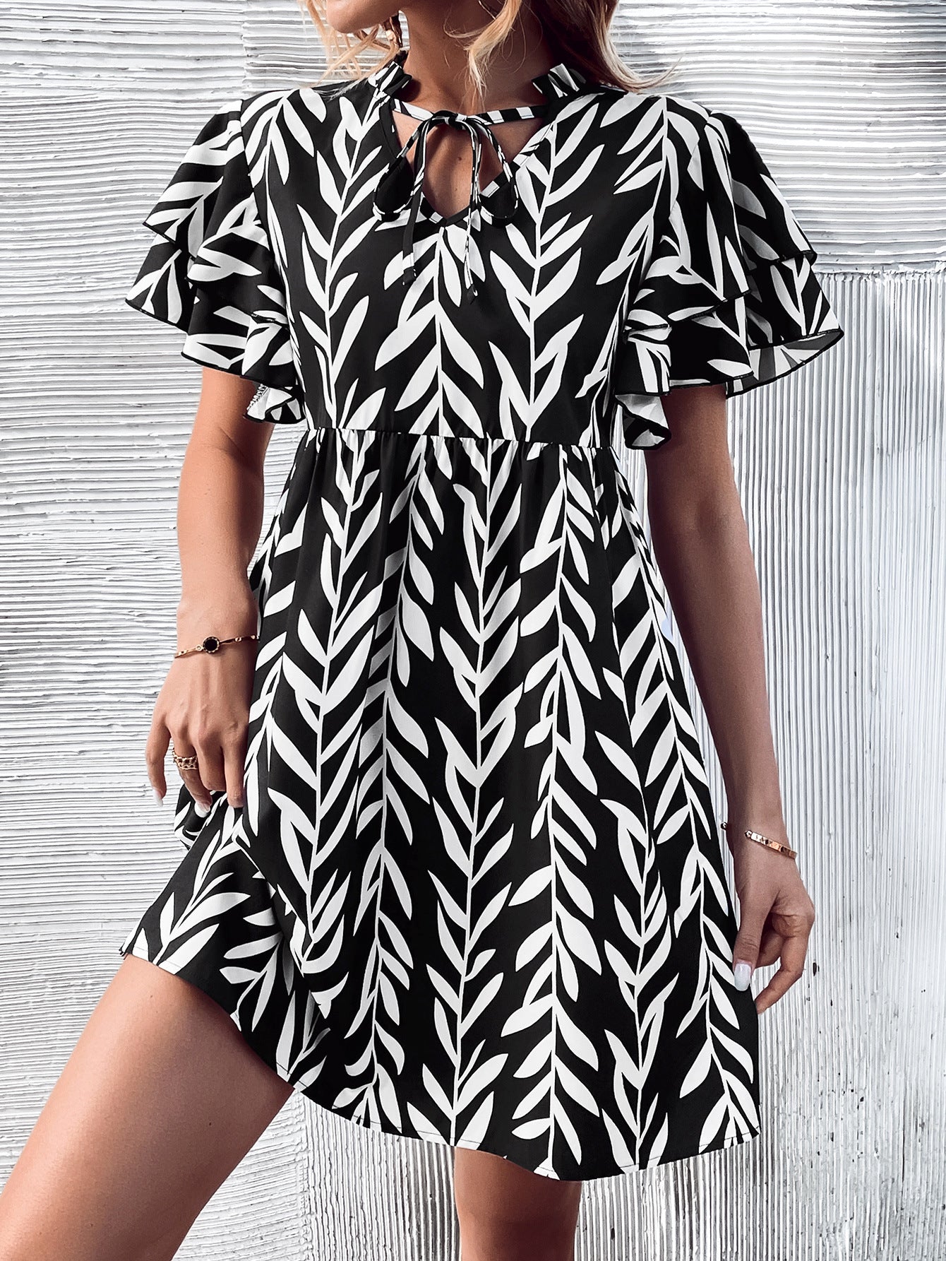 Women Clothing V-neck Printed High Waist Dress