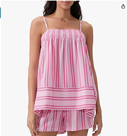 Spring Summer Striped Floral Print Fresh Suspenders Smocking Shorts Set