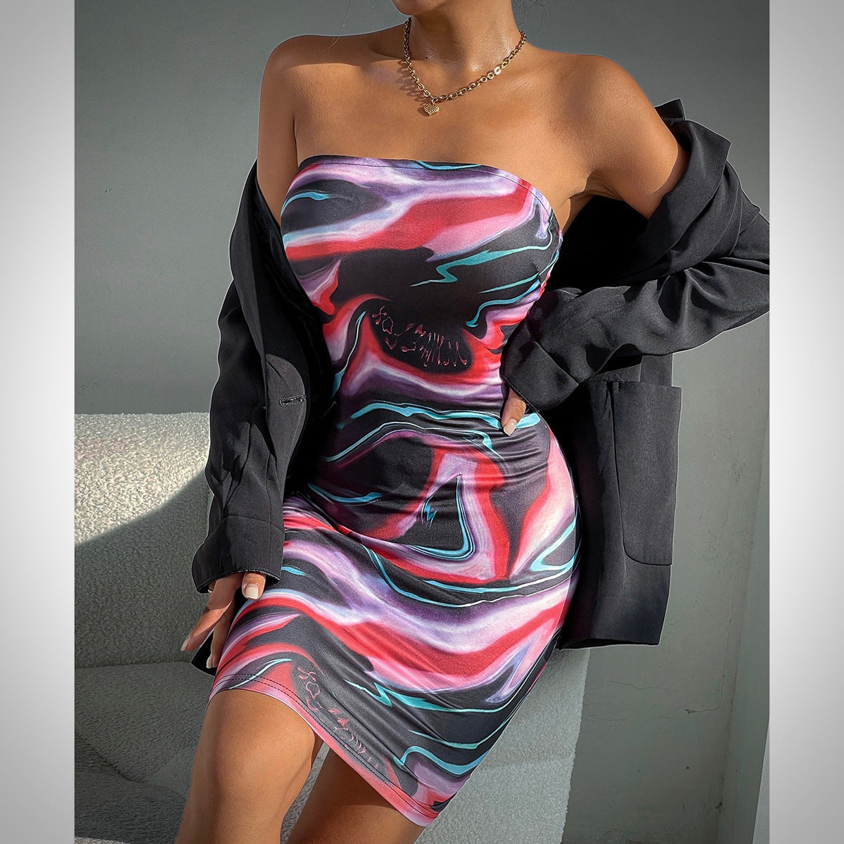 Arrival Color Printed Sexy Sexy Tube Top Backless Slim Sheath Dress for Women