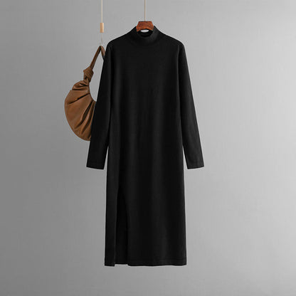 Half Turtleneck Knitted Dress Women Autumn Winter Solid Color Slit Long Sleeve Bottoming Trousers Inner Wear Woolen Dress