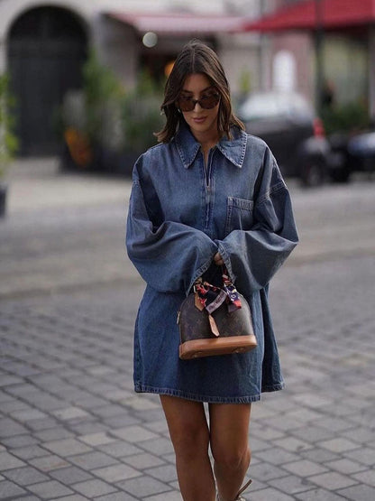 Spring Summer Collared Patch Pocket Bell Sleeve Denim Dress