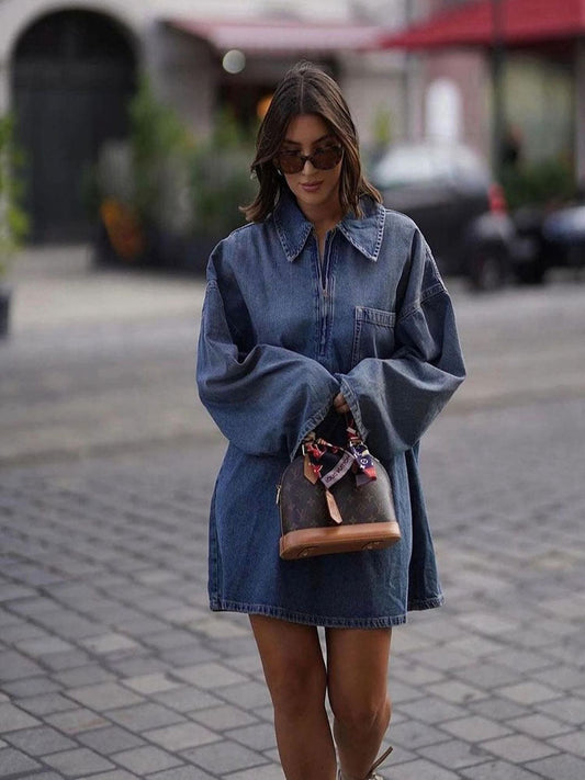Spring Summer Collared Patch Pocket Bell Sleeve Denim Dress