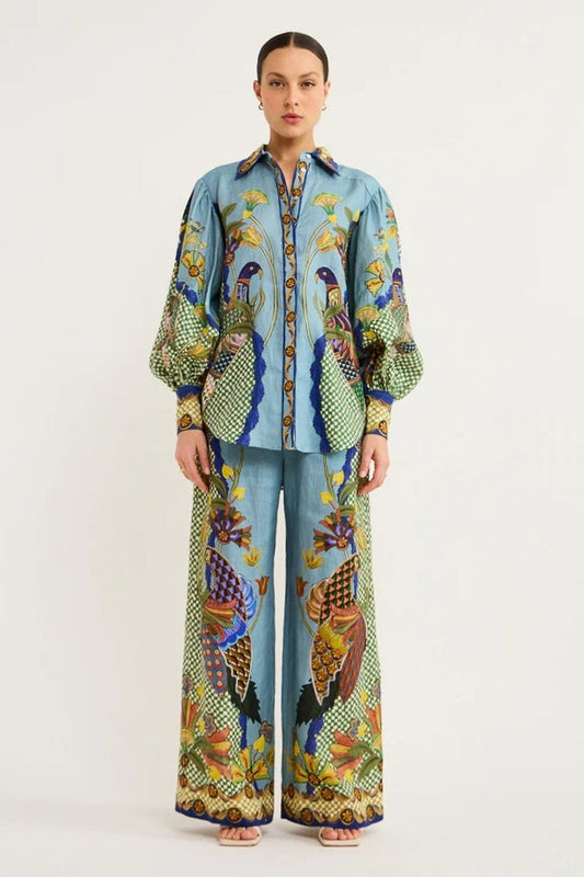 Conjunto de pantalón floral con mangas globo Félice