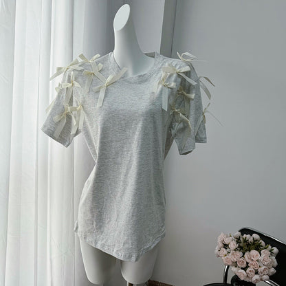 Cute Girl Ribbon Bow Loose Short Sleeve T shirt Loose Cotton Casual Top