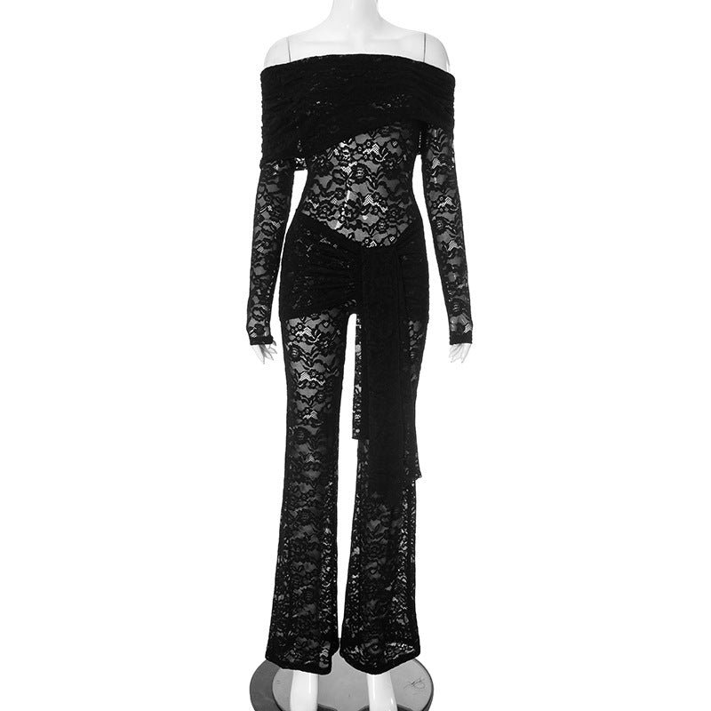Women Clothing Lace Stitching Sexy See through One Piece Trousers