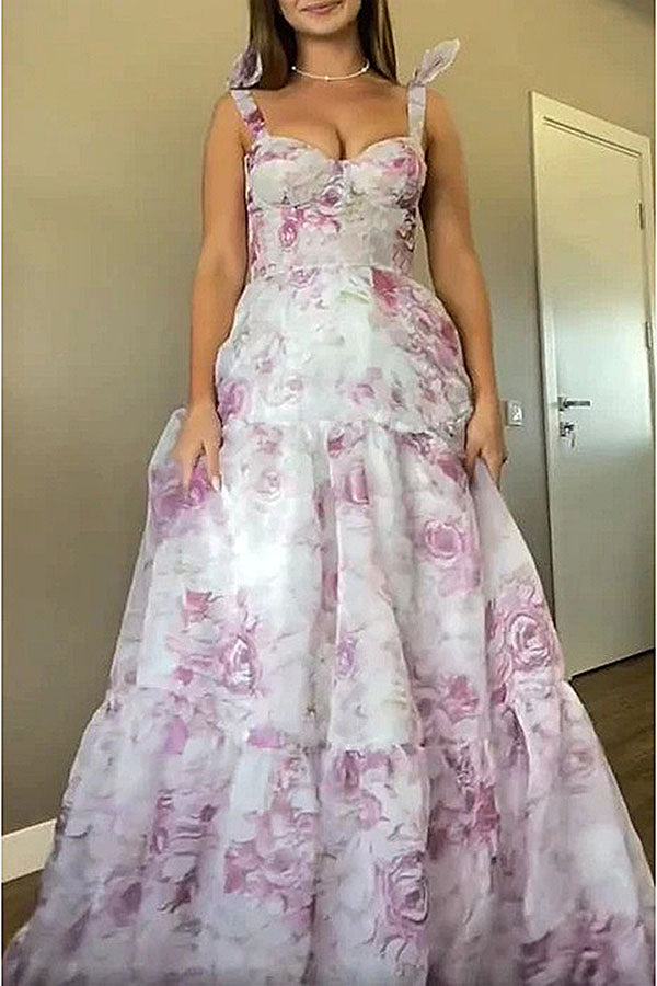 Fairytale Itself Organza Floral Print Tie Strap Maxi Dress