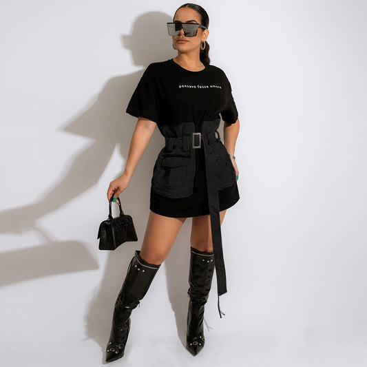 Women Clothing Denim Stitching Dress Summer Sexy Tight Waist Popular Clothes