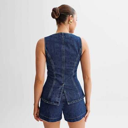 2025 Summer Foreign Trade Women���s AliExpress Back Vest Shorts Denim Slim Fit Two-Piece Set Suit