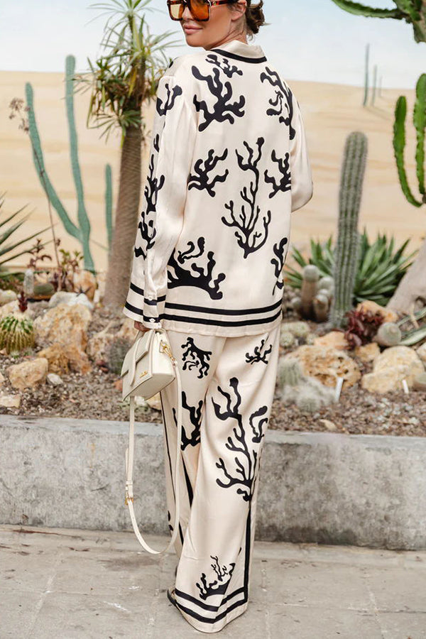 From Desk To Dinner Satin Unique Print Button Down Oversized Blouse