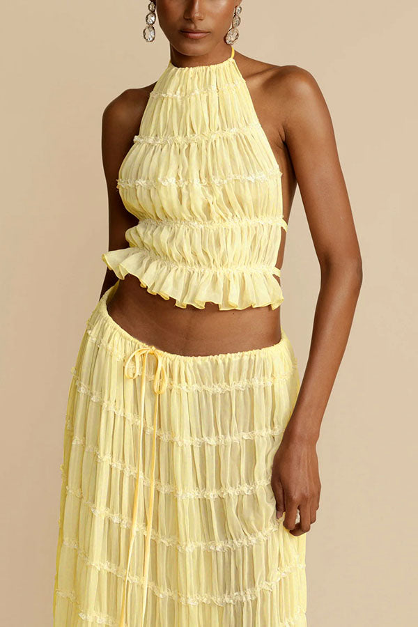 Versatile retro charm pleated drawstring waistline long skirt set