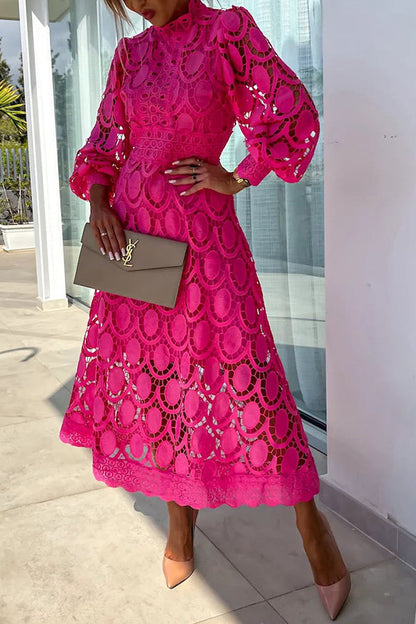 French party sensual party elegant crochet lace lantern sleeves party MIDI skirt 