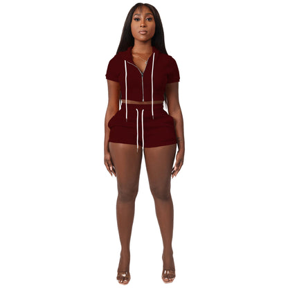 Women Clothing Supply Zipper Cardigan Solid Color Short Top Hoodie Two Piece Set Set