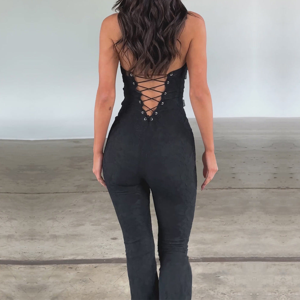 Sexy Lash Rope Lace up Slim Fit Jumpsuit See through Lace Trousers