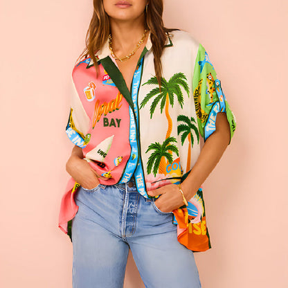Graffiti Printing Satin Short Sleeve Collared Shirt Trousers Casual Two Piece Suit