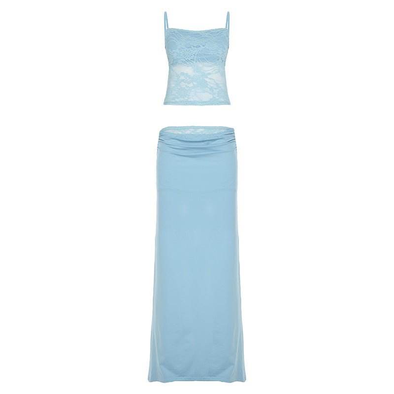 Women Clothing Lace Top with Narrow Straps Stitching Satin Fishtail Skirt Slim Waist Sheath Skirt Two Piece Sets
