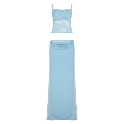 Women Clothing Lace Top with Narrow Straps Stitching Satin Fishtail Skirt Slim Waist Sheath Skirt Two Piece Sets