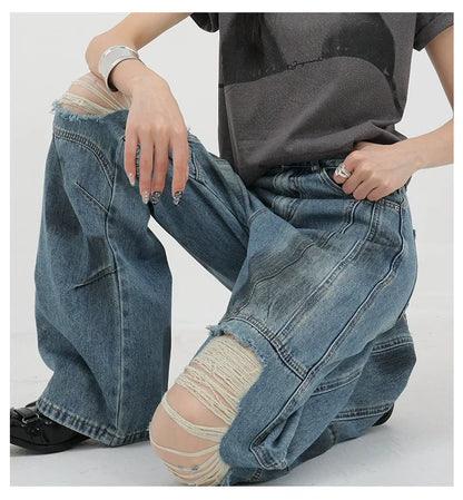 Vintage Distressed And Dirt-Dyed Patchwork Wide-Leg Jeans