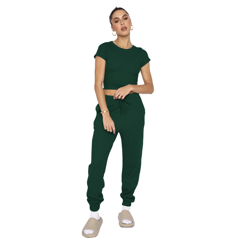 Spring Summer Solid Color Waffle round Neck Short Sleeve Women Clothing Casual Trousers Sets