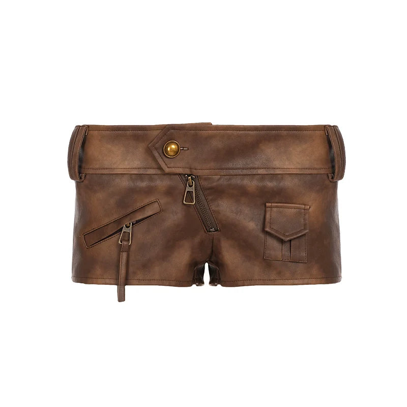 Ainslie Brown Faux Leather Biker Shorts