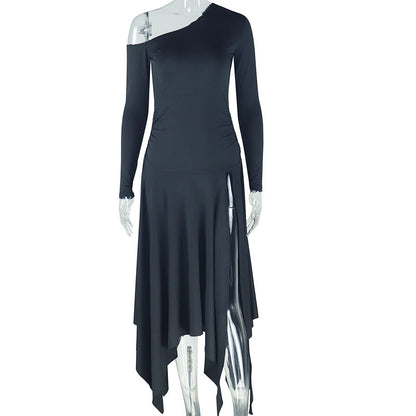Personality Slim Fit Solid Color Women Asymmetric dress Shoulder off Shoulder Collar Long Sleeve Mid Length Dress