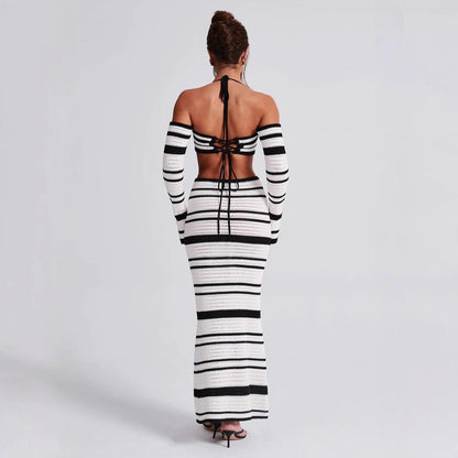 Sexy Women Summer Striped Long Sleeve Halter Top Skirt Two Piece Set for Women