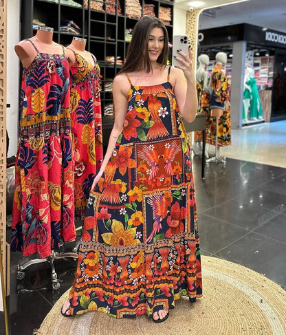 Summer Women Sexy Sleeveless Swing Printed Long Sling Dress