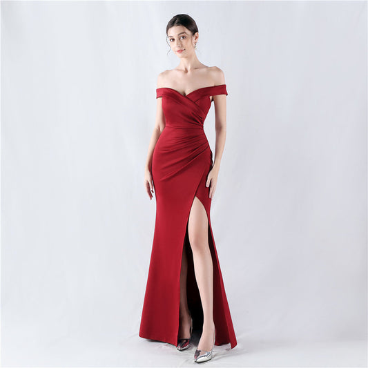 Classic off Shoulder High Fork Fishtail Satin Evening Dress