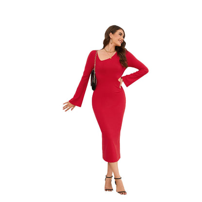 Popular Sunken Stripe Waist Slimming Sense of Design Waist Hollow Out Cutout Sheath Party Dress