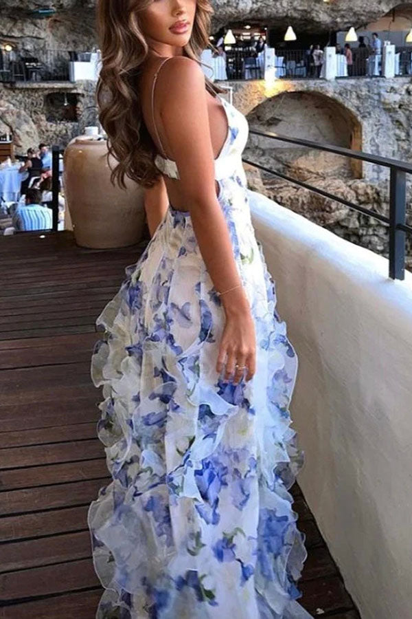 Millie | Floral Ruffle Long Skirt Women's Fashion Chiffon Printed Fairy Style Long Style Evening Dress Coupon