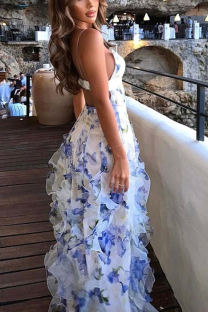 Millie | Floral Ruffle Long Skirt Women's Fashion Chiffon Printed Fairy Style Long Style Evening Dress Coupon