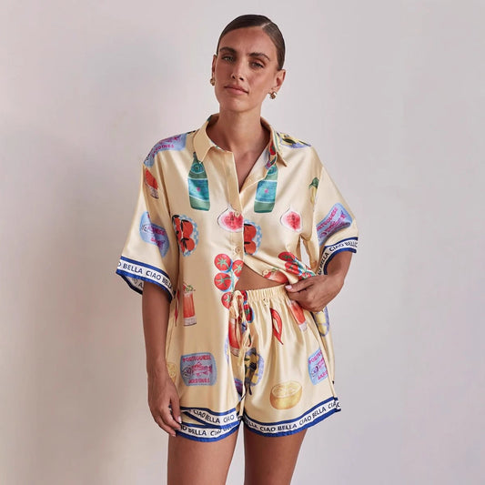 Summer Casual Homewear Cartoon Collared Cardigan Short Sleeve Shorts Sets