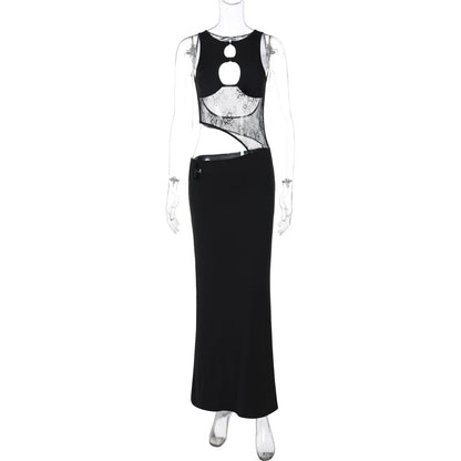Women Clothing Autumn Winter Sexy Backless Hollow Out Cutout out Stitching Slim Fit Dress