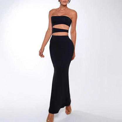 Women Hollow Out Cutout out Cropped Maxi Dress Summer Sexy Tube Top Simple Sheath Dress