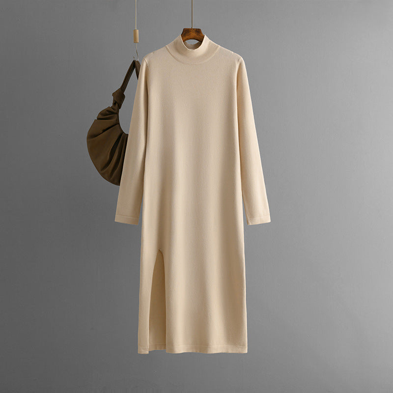 Half Turtleneck Knitted Dress Women Autumn Winter Solid Color Slit Long Sleeve Bottoming Trousers Inner Wear Woolen Dress