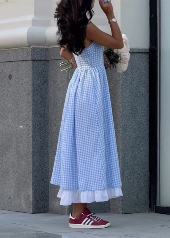 Sky Picnic Ruffle Dress – Gingham Layered Maxi with Tie Straps