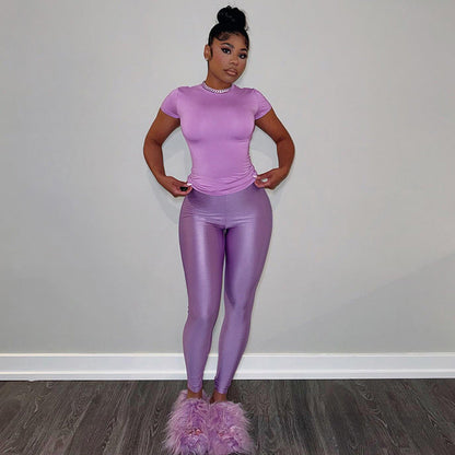 Autumn Women Clothing Round Neck Short Sleeve High Waist Slimming Pants Casual Suit