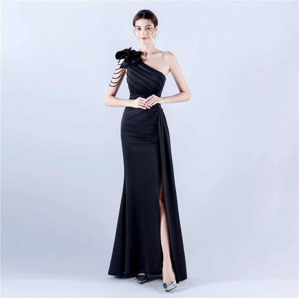 Women Clothing Heavy Industry Beads Handmade Artistic Floral Pleated Craft Satin off the Shoulder High Fork Evening Dress