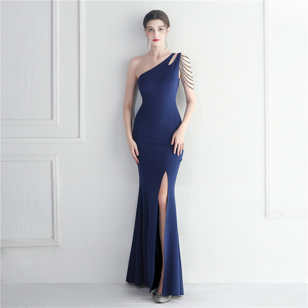 Craft Beaded One Shoulder Diagonal Collar Split Maxi Dress Performance Dinner Dress