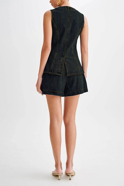 Abel Denim Button Up Princess Seams Pocket Vest Top