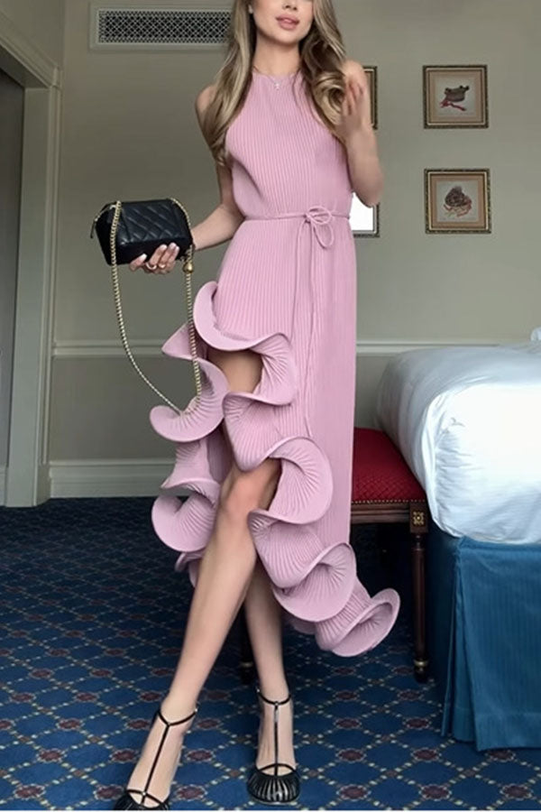 Solid Color Sleeveless Waist Tie Irregular Ruffle Slim Midi Dress