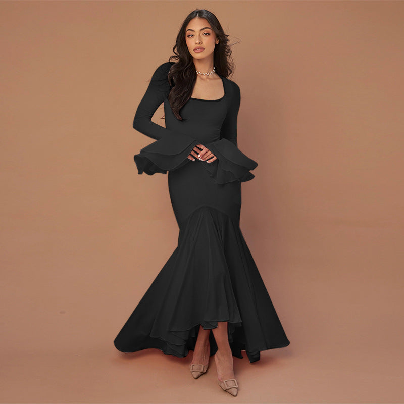 Autumn Socialite Elegant Sexy Slim Fit Ruffled Hem Long Sleeve Dress Women