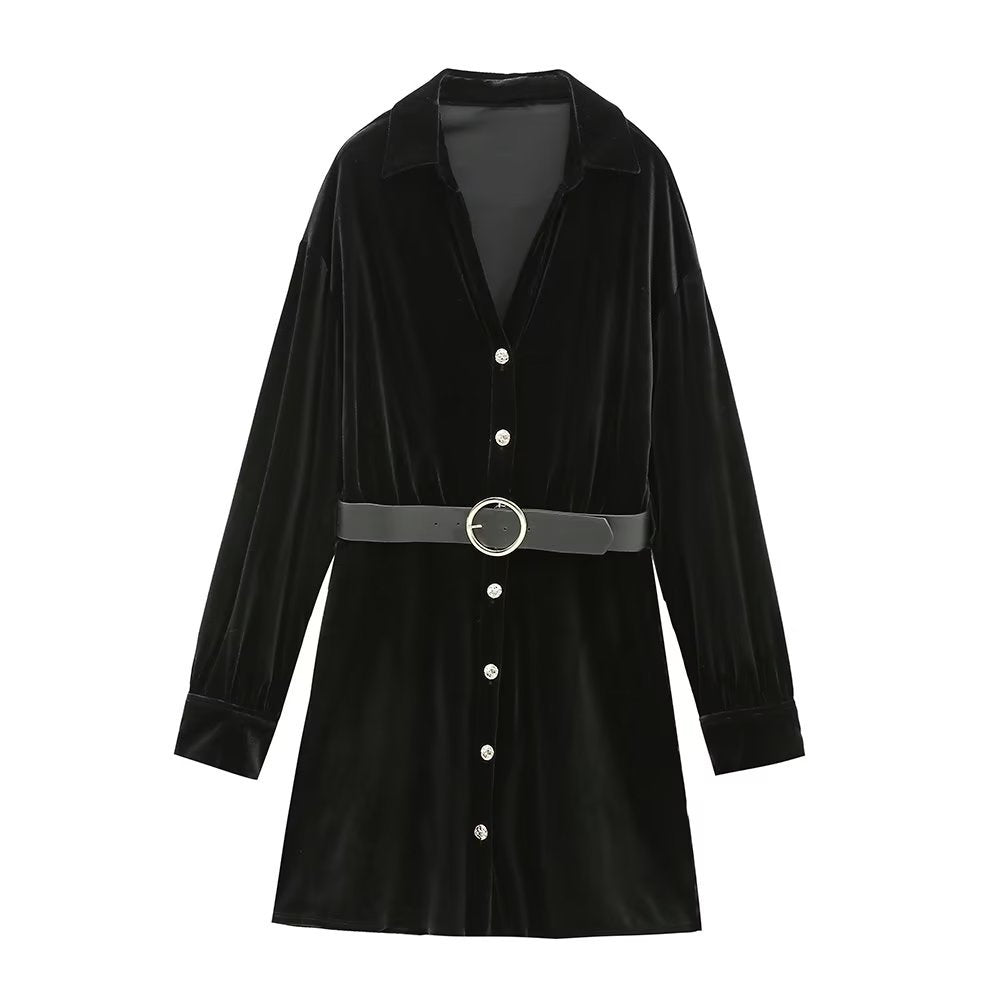 Spring Women Clothing Elegant Slightly Mature Casual with Belt Velvet Dress