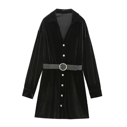 Spring Women Clothing Elegant Slightly Mature Casual with Belt Velvet Dress
