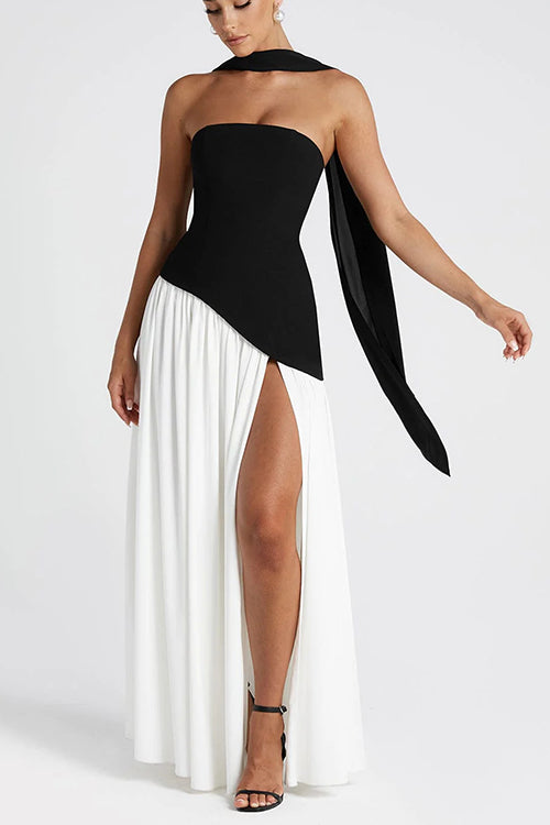  Strapless Back Lace-up High Slit Splice Maxi Dress